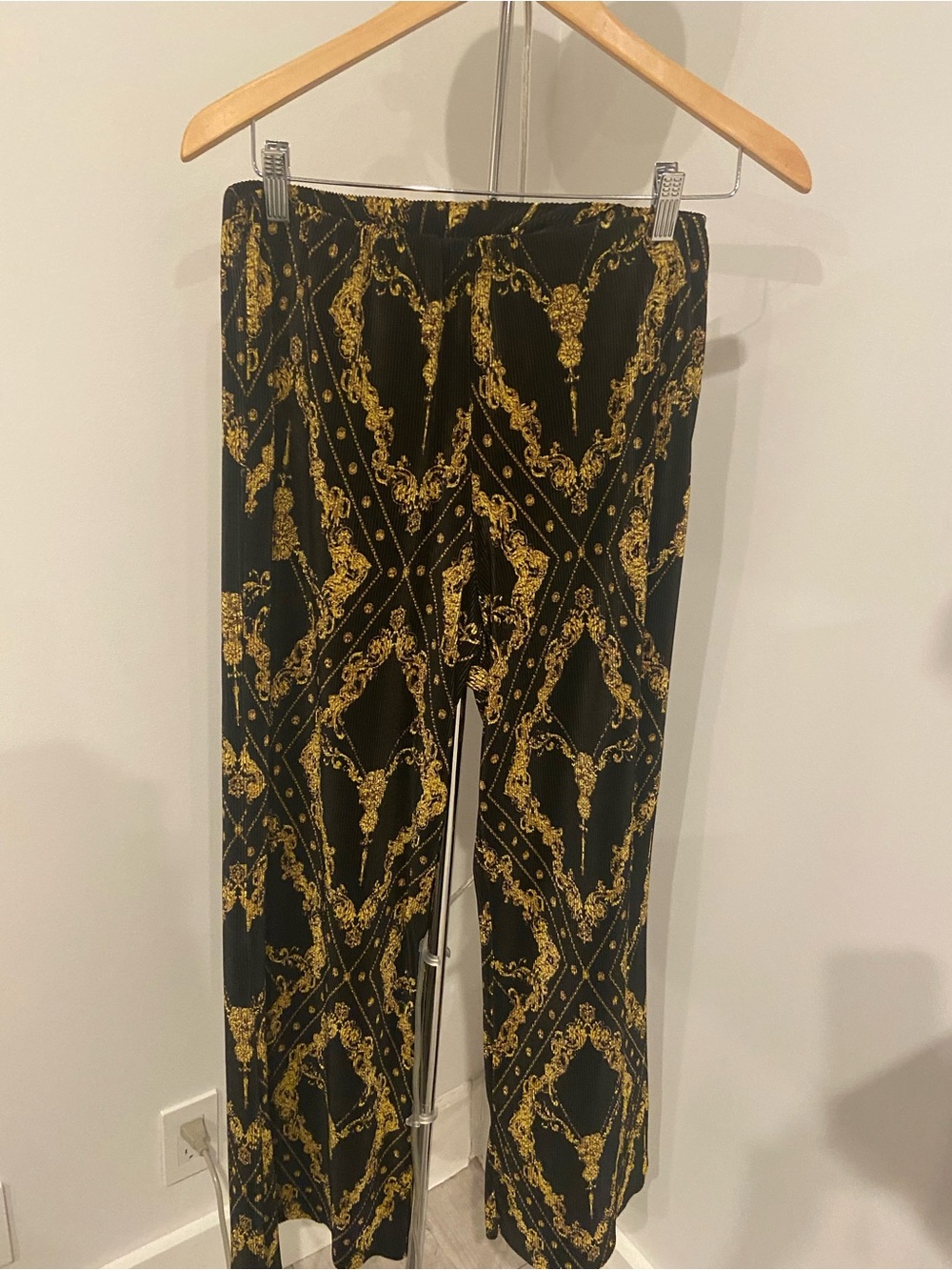 River Island Black and Gold Pleated Wide Leg Trousers